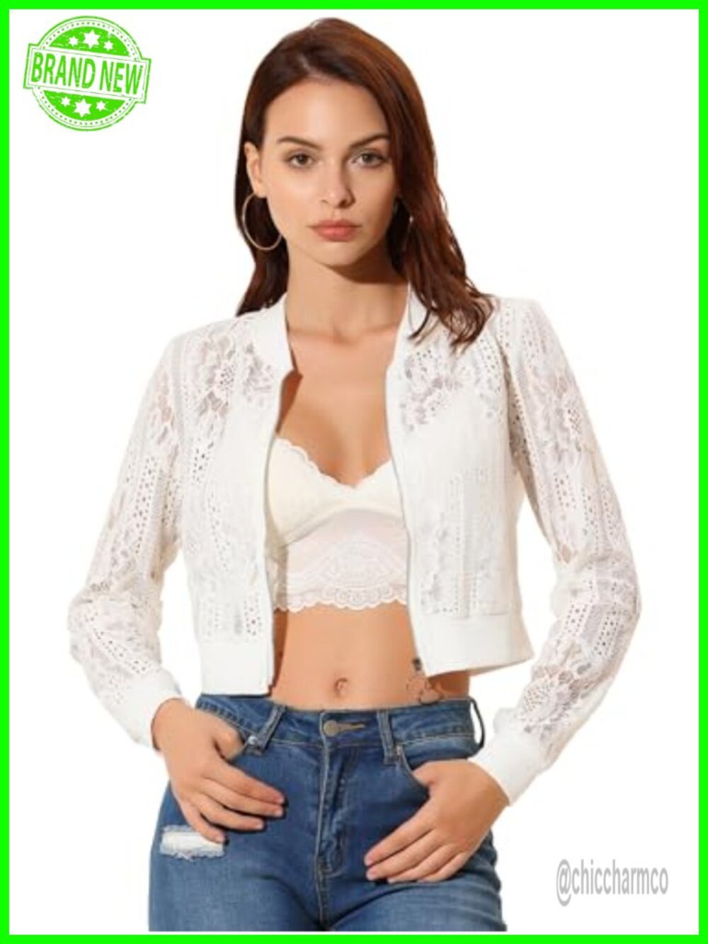 Lace Zip Up Crop Baseball Jacket Floral Sheer Casual Layering